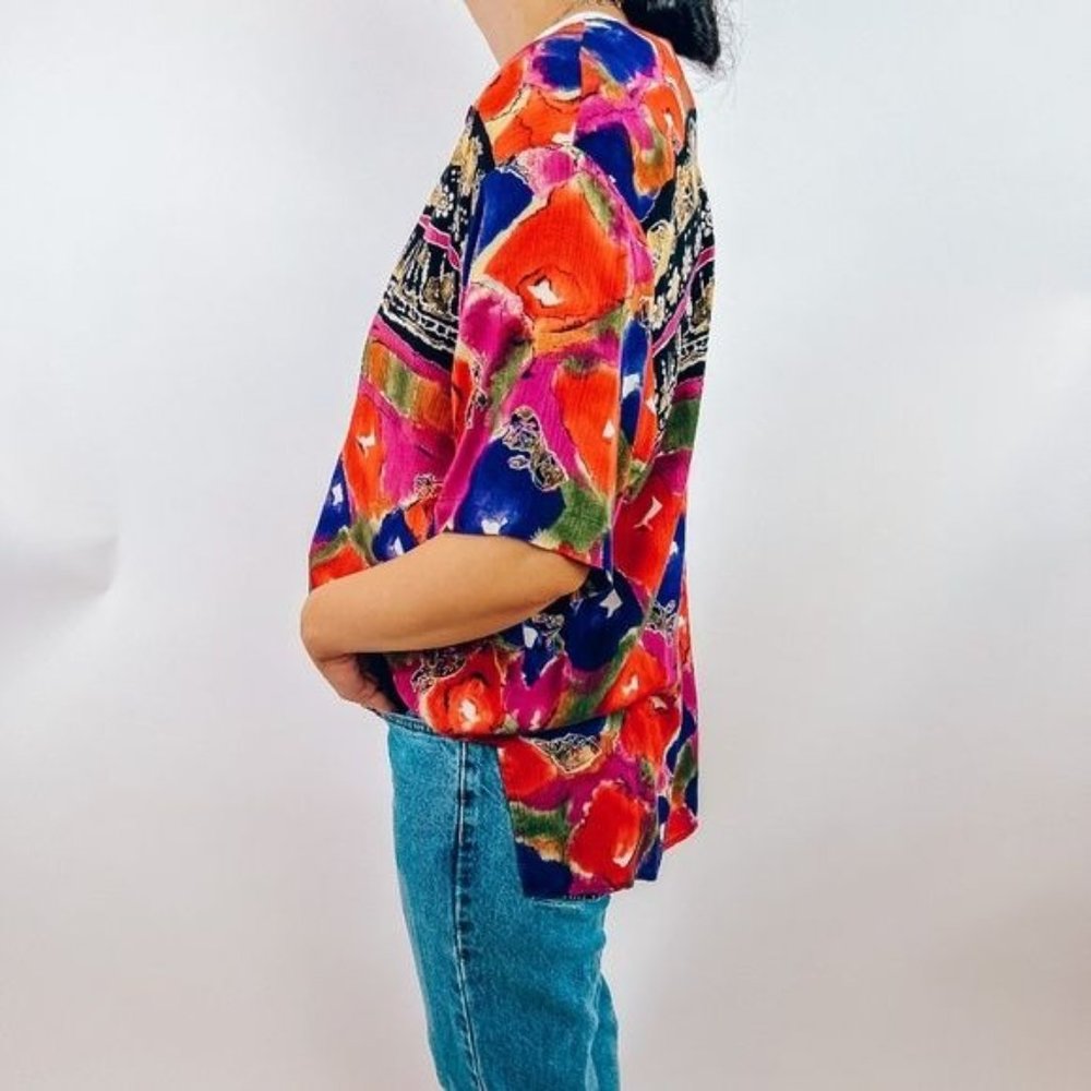 Vintage Funky Mix Print Colorful Top with Funky Buttons - Picture 3 of 8